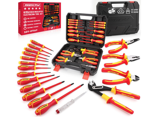 18-Piece Insulated Electrician Tool Set, VDE 1000V Insulated Screwdrivers, Voltage Tester, Long Nose, Diagonal Cutting and Water Pump Pliers for...