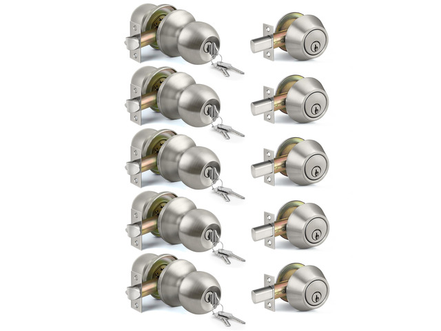 5PK Keyed Alike Exterior Door Knob Lock with Deadbolt, Satin Nickel Satin Nickel, Door Knob and Single Cylinder Deadbolt Combination Set