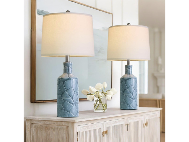 26'' Farmhouse Ceramic Table Lamps Set of 2, Blue Bedside Lamps for Living Room, Nightstand Lamps for Bedroom Night Stands, Bedroom Lamps for Side...