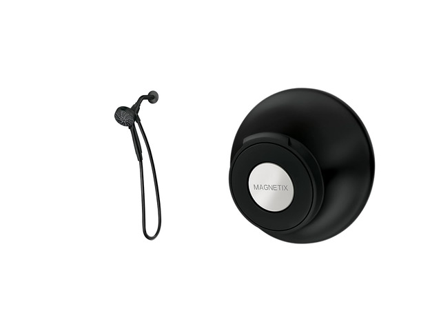 26100BL Engage Magnetix Energetix 6-Function 3.5 in. Single Wall Mount Fixed Adjustable Shower Head with 186117BL Magnetix Remote Dock, Matte Black