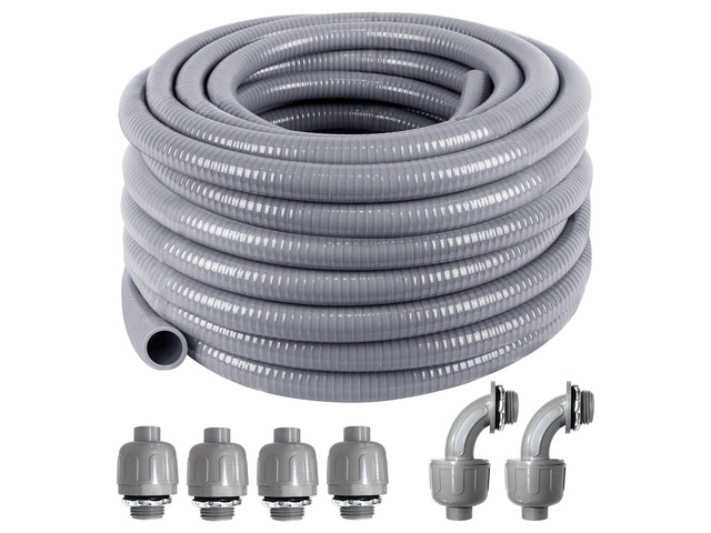 1-1/4inch 50FT Electrical Conduit Kit,Liquid-Tight Conduit and Connector Flex Conduit Kit with 4 Straight and 2 Angle Fittings Included,Flexible...