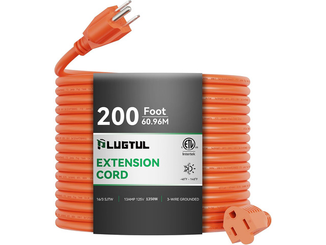 Outdoor Extension Cord 200 FT 16/3 Gauge Heavy Duty 3 Prong Extension Cord, 10A 1250W SJTW, ETL Listed, Great for Garden and Home, Orange