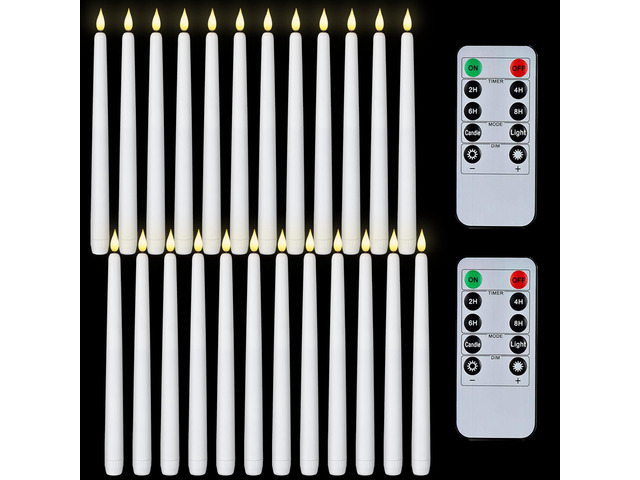 11 inches White LED Taper Candles, 24 Pcs Flameless Taper Candles with Remote Timer Dimmer, Plastic Battery Operated Candlesticks with Flickering...