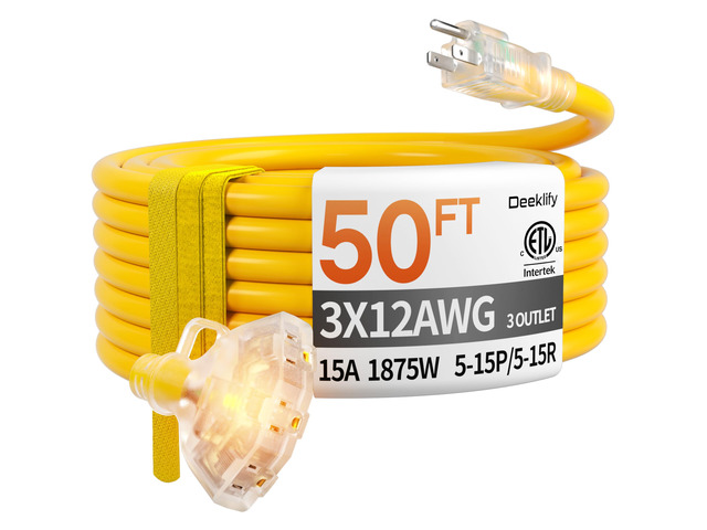 50 FT 12 Gauge Heavy Duty Extension Cord with Multiple Outlets 50 Feet 3 Outlet Yellow Extension Cord Heavy Duty, Indicator, Flexible Waterproof...
