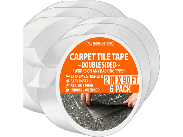 Carpet Tile Tape Double Sided 2in x 90ft (Bulk 6 Pack) Heavy Duty Reinforced Web Mesh Residue Free Indoor Outdoor for Carpet Tiles, Hardwood,...
