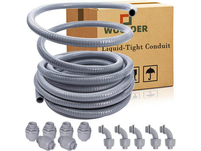 1/2 inch 100Ft Liquid-Tight Conduit Kit, Flexible Non Metallic Electrical Conduit, with 6 Straight and 5 Angle Fittings Included. 1/2' Dia