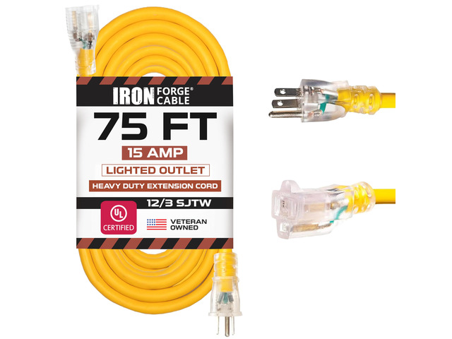 12 Gauge Heavy Duty Extension Cord, 75 Ft - Yellow SJTW 12/3 Outdoor Cable, Lighted End, 3 Prong Grounded Plug, 15 Amp, Weatherproof - For Job...
