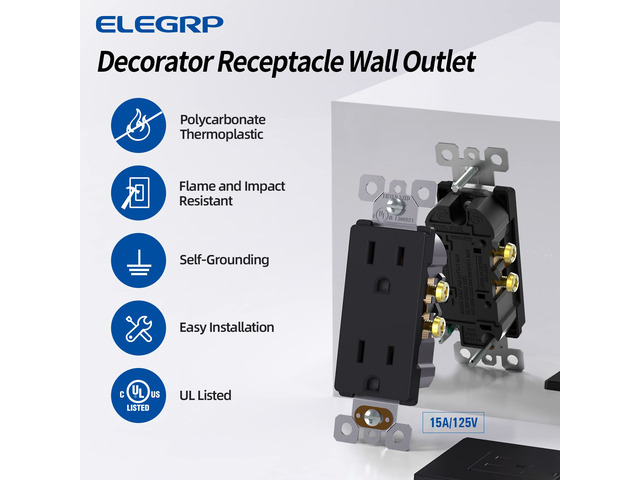 Matte Black Decorator Receptacle, 15A 125V Standard Electrical Wall Outlet, 2 Pole 3 Wire, Non- Tamper Resistant, NEMA 5-15R, Self-Grounding...