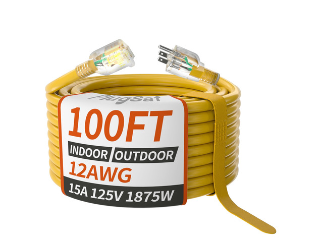 100ft 12/3 Outdoor Extension Cord Waterproof with Lighted 12 Gauge SJTW Heavy Duty 15Amp 1875W,3 Prong Cords Flexible Yellow ETL Listed