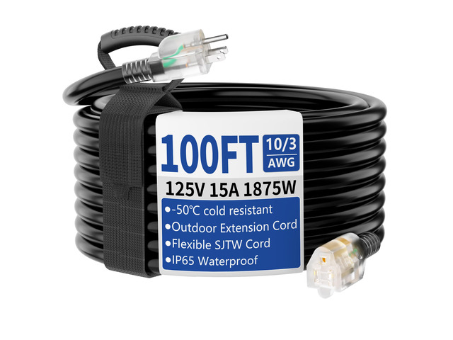 100ft Outdoor/Indoor Extension Cord with Lighted 10 Gauge, Black 3 Prong, Heavy Duty, SJTW, Waterproof, Flexible Cold-Resistant extension cord for...