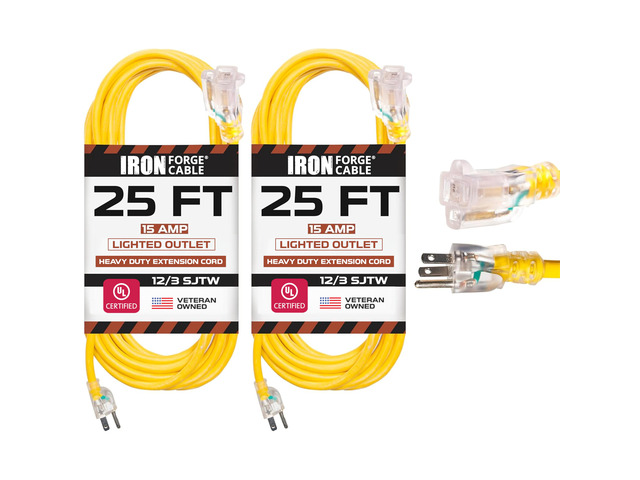 2 Pack of 25 Foot Outdoor Extension Cords - 12/3 SJTW Heavy Duty Lighted Yellow Extension Cable with 3 Prong Grounded Plug for Safety, 15 AMP -...