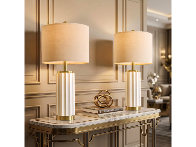 25.75' Off-White Ceramic Table Lamp Set of 2, Mid Century Modern Bedside Nightstand Lamps for Bedroom Living Room, Linen Shade & Gold Metal Base,...