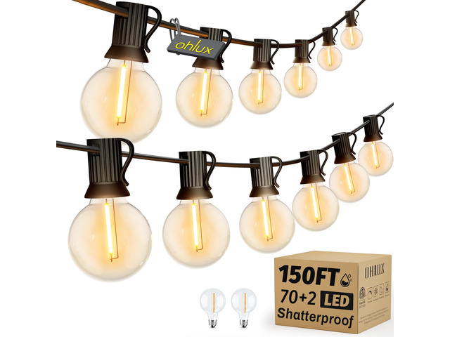 Outdoor String Lights, 150FT Patio Lights with 70+2 Dimmable Plastic LED G40 Bulbs, 2200K Waterproof Connectable Hanging String for Backyard Cafe...