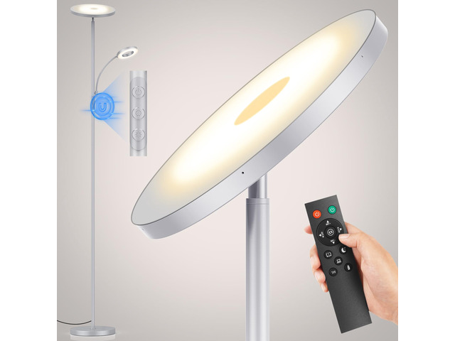 Silver Gray Floor Lamp, 42W 4000LM Super Bright LED Lamp with Reading Light for Living Room Bedroom Office, Dimmable Standing Lamp with Remote &...