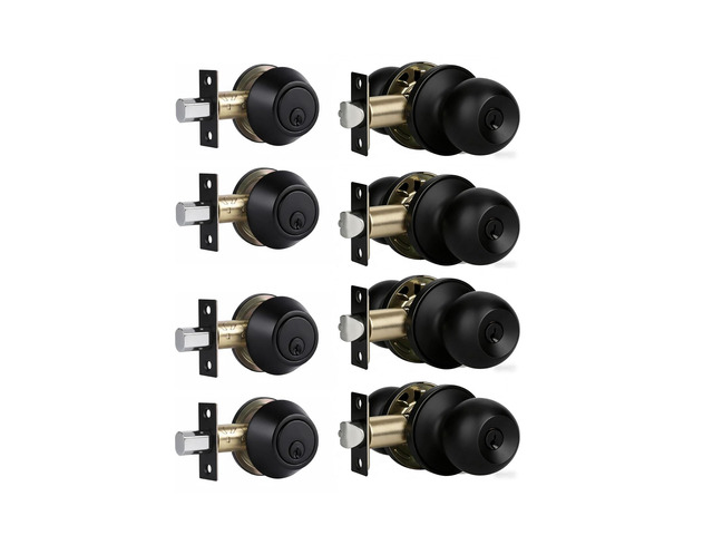 Multi-Pack Door Knob with Lock and Deadbolt, Keyed Alike Exterior Door Handle Lock Set for Front and Entry Doors, Matte Black Finish, 4 Pack