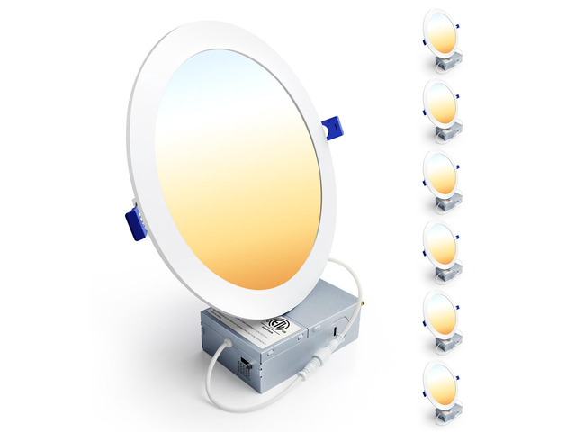 6 Pack 8 Inch LED Recessed Light, 5CCT Dimmable Canless Wafer 2700K-5000K Selectable, 5%-100% Dimmable, 1600LM 18W 120V, IC & Damp Rated, ETL & FCC...