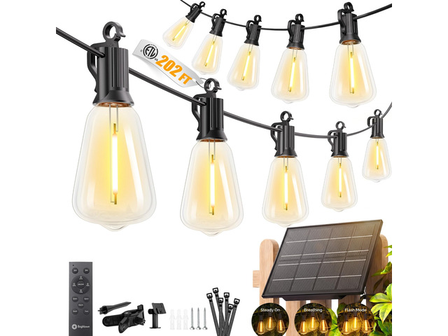 202FT Solar String Lights Outdoor Waterproof, 26Hrs Runtime 65+2 LED Bulbs, USB & Solar Powered, Remote Control & Dimmable Timer, Ideal for...