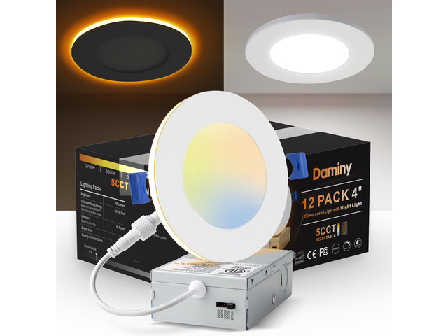 12 Pack 4 Inch LED Recessed Lighting, Canless Wafer Downlight 5CCT, Ultra-Thin Recessed Light with Night Light, Dimmable, 7W 700LM 120V, IC & Damp Rated