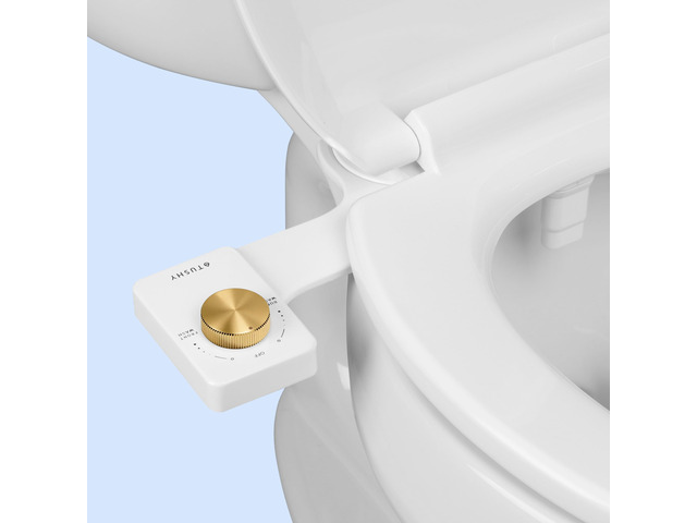 Fresh Dual Nozzle Cool Water Bidet, Brushed Brass Knob Ultra Slim Toilet Seat Attachment, Non-Electric, 180° Front and Rear Wash, Self-Cleaning, 10...