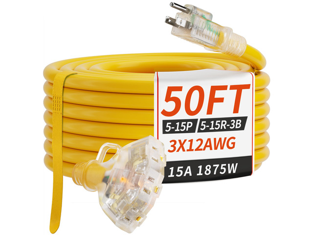 50 FT 12 Gauge Yellow Heavy Duty Outdoor Extension Cord Waterproof Extension Cord with Multiple Outlets Light Indicator, 12AWG 3 Outlet, Flexible...