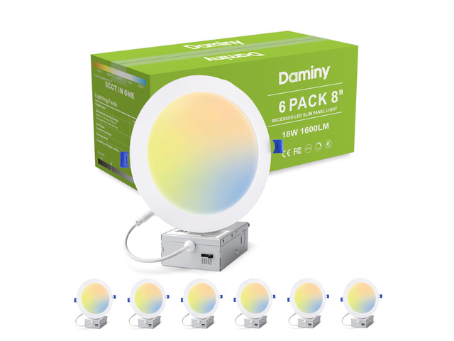 6 Pack 8 Inch LED Recessed Lighting, Canless Wafer Downlight, White 5CCT, Ultra-Thin Recessed Light with Junction Box, Dimmable, 18W 1600LM 120V,...