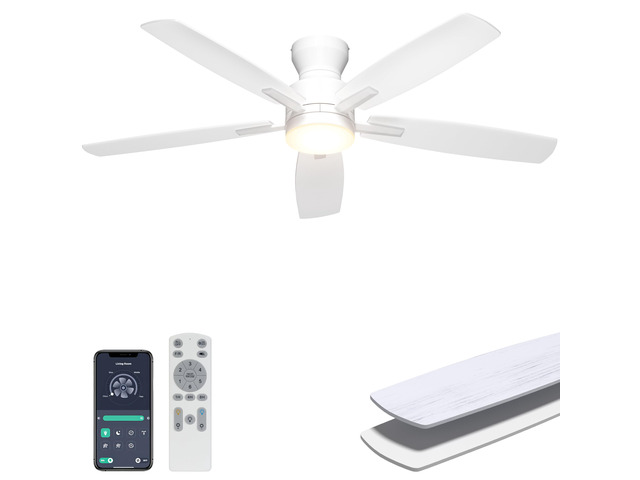 52'' Low Profile Ceiling Fan with Lights, Remote/APP Control, White Flush Mount, Dimmable 3CCT LED, Quiet Reversible DC Motor; Memory Function,...