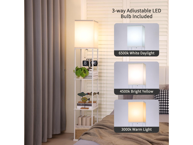 Floor Lamp with Shelves, Modern Square Standing Lamp with 3 Color Temperature Bulb, Corner Display Bookshelf Lamp for Living Room, Bedroom and...