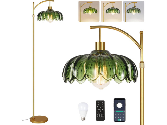 Gold Floor Lamps for Living Room,Glass Floor Lamp with Remote Control & Green Lampshade,Arc Flower Lamp Dimmable Mid Century Modern Standing Lamp...