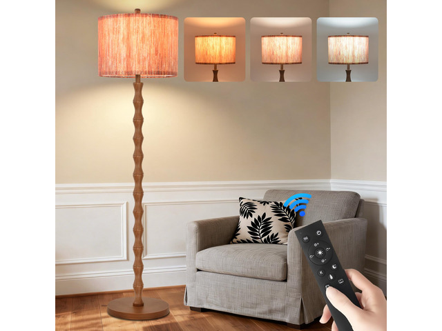 Wood Floor Lamps for Living Room Boho Farmhouse Floor Lamp with Remote Control,Dimmable Vintage Floor Lamp Mid Century Modern Standing Lamp with 3...