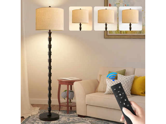 Wood Floor Lamps for Living Room Rattan Floor Lamp with Remote Control& 3 Color Temperature,Dimmable Rustic Floor Lamp Black Mid Century Modern...
