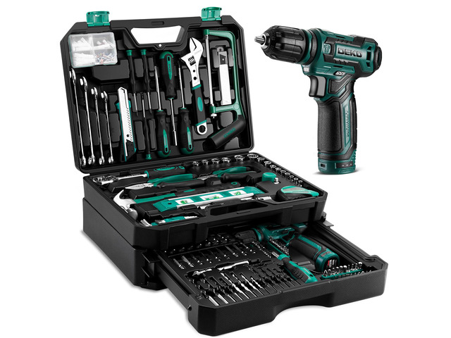 Tool Set: Tool Kit with 12V Cordless Drill, Hand Toolbox with storage case, Mechanic Tool set for Home Repairs, Green