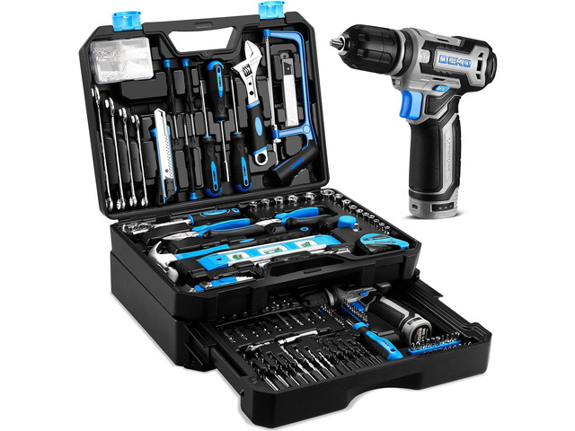Tool Set: Tool Kit with 12V Cordless Drill, Hand Toolbox with storage case, Mechanic Tool set for Home Repairs, Blue