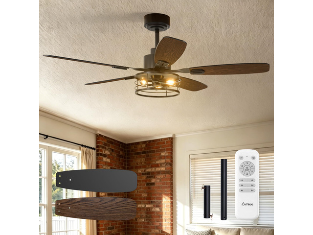52 Inch Farmhouse Ceiling Fans with Lights and Remote, Black Caged E12 Replaceable Bulbs, Downrod Mount, Remote, Quiet Reversible Motor, Timer,...