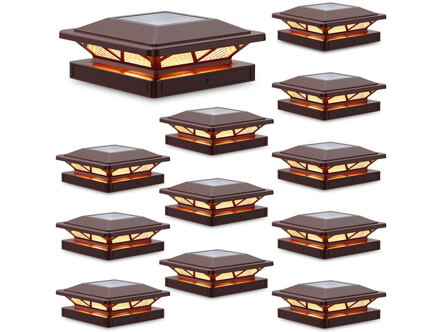 Solar Post Cap Lights Outdoor 2 Modes 12 Pack Brown, (Warm/White) For 3.5x3.5, 4x4, 4.5x4.5 & 5x5 Wood or Vinyl Posts, Solar Powered Waterproof...