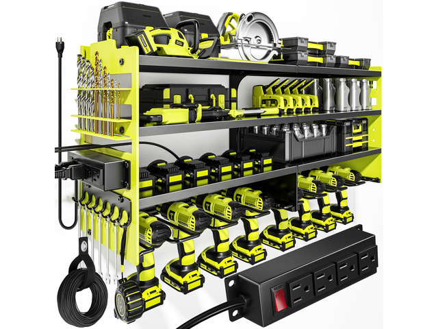 Upgrade Power Tool Organizer Wall Mount with Charging Station,4 Layer Heavy Duty Metal Storage Rack Loads 600lbs with 8 Cordless Drill Holder,4...