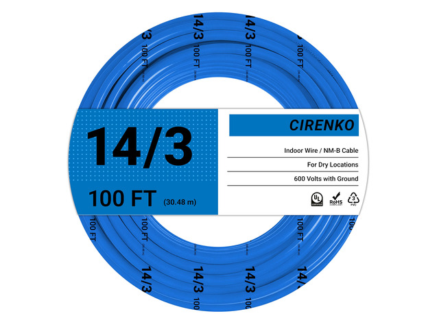 14/3 NM-B Cable 100 FT, UL Listed 14 Gauge Indoor Wire with Ground Solid Bare Copper, No CCA, 3 Conductors Plus Ground, Durable Blue NM-B Jacket,...