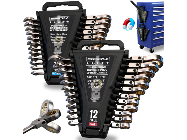 Premium 24-Piece Flex-Head Ratchet Wrenches Set with Magnetic Organizers, Metric SAE 8-19mm 1/4'-7/8', Cr-V Ratcheting Wrenches with 72 Teeth 180Â°...