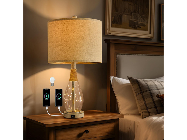 23' USB A+C Table Lamp for Bedroom Living Room Modern Bedside Lamps Retro Farmhouse Rattan Glass Nightstand Nightlight Lamps (White),Two Light Points