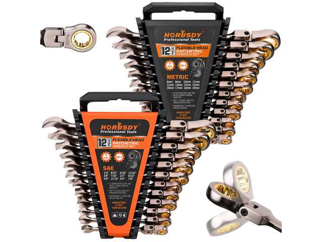 24-Piece Flex-Head Ratcheting Wrench Set, Metric(819mm) & SAE(1/4-7/8') Combination Wrenches, 72-Tooth CR-V Steel, Ratchet Spanners with Wrench...