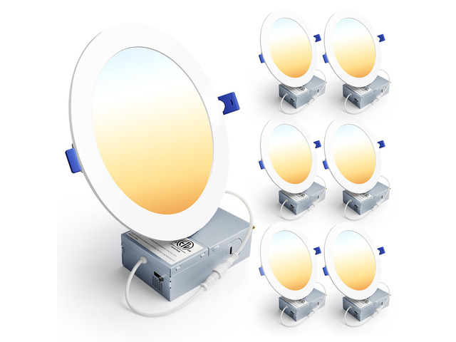 6 Pack 7 Inch LED Recessed Light, 5CCT Dimmable Canless Wafer 2700K-5000K Selectable, 5%-100% Dimmable, 1600LM 15W 120V, IC & Damp Rated, ETL & FCC...