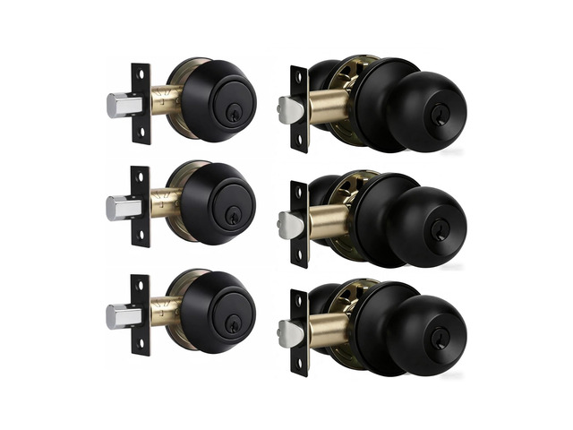 Value Pack Door Lock with Key and Deadbolt, Keyed Alike Exterior Door Handle Set for Front and Entry Doors, Matte Black Finish, 3 Pack