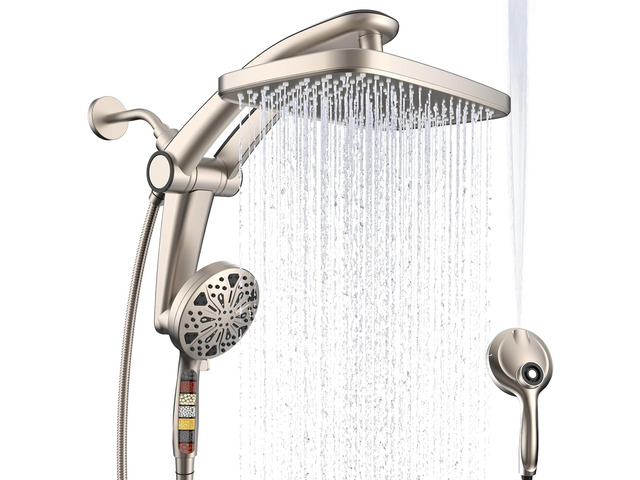 12-Inch High Pressure Rain Shower Head with Handheld Spray Combo, Magnetic Dual shower heads; one-piece bracket adjusts height and angle; 9...