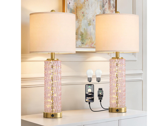 27.75' Modern Table Lamps Set of 2, Pink Bedside Lamp with Class Nightlight, USB A+C, Unique Desk Lamps for Living Room, Bedroom, Nightstand, End...