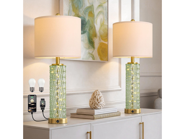 27.75' Modern Table Lamps Set of 2, Green Bedside Lamp with Glass Nightlight, USB A+C, Unique Desk Lamps for Living Room, Bedroom, Nightstand, End...