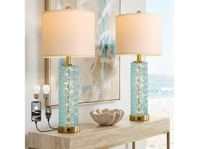 27.75' Coastal Table Lamps Set of 2, Clear Blue Bedside Lamp with Glass Nightlight, USB A+C, Unique Desk Lamps for Living Room, Bedroom,...