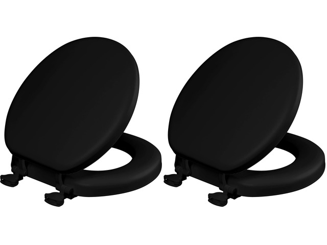 Padded Toilet Seat, Cushioned Soft Vinyl over Wood Core Seat, Secure Hinges, Easy Clean, Made in USA, Round, Black (Pack of 2)