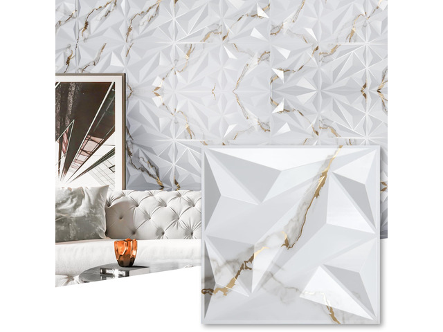 33 Pack 3D Wall Panel Diamond for Interior Wall Décor, PVC Textured Wall Panels, 12''x12'' Cover 32.Sq. Ft. Gold Veined White