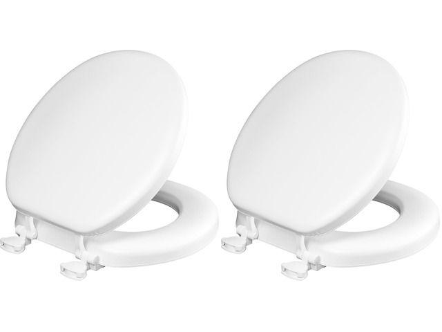 Padded Toilet Seat, Cushioned Soft Vinyl over Wood Core Seat, Secure Hinges, Easy Clean, Made in USA, Round, White (Pack of 2)