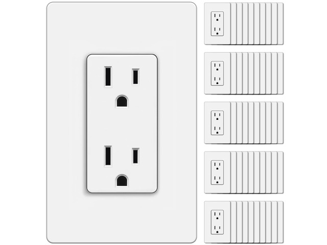 50PK 15 Amp Outlets with Screwless Wall Plate, UL Listed, White Non-Tamper Resistant Decorator Receptacle, Standard Electrical Wall Outlet for...