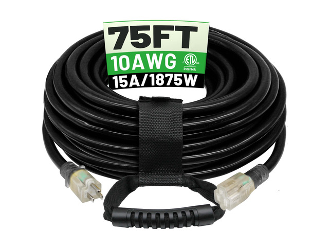 75 Ft 10AWG Outdoor Extension Cord Waterproof Heavy Duty, Black 10 Gauge 3 Prong, Flexible Cold-Resistant Power Cord Indoor & Outside with Lighted...